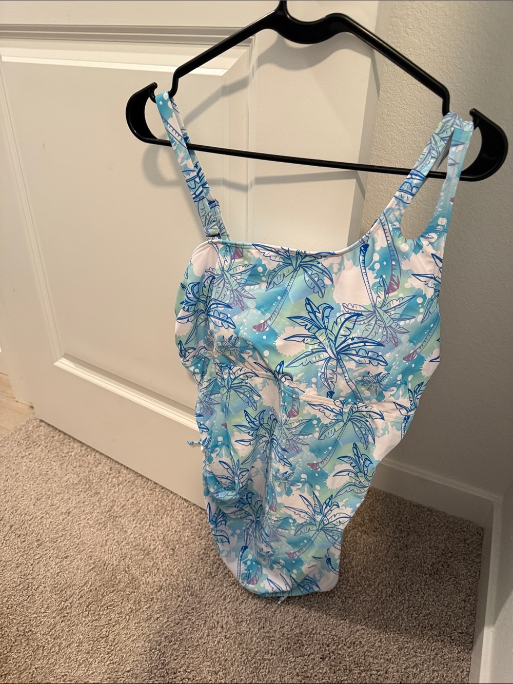 Amazon Girls' One-Piece Swimsuit in Blue and White Palm Print